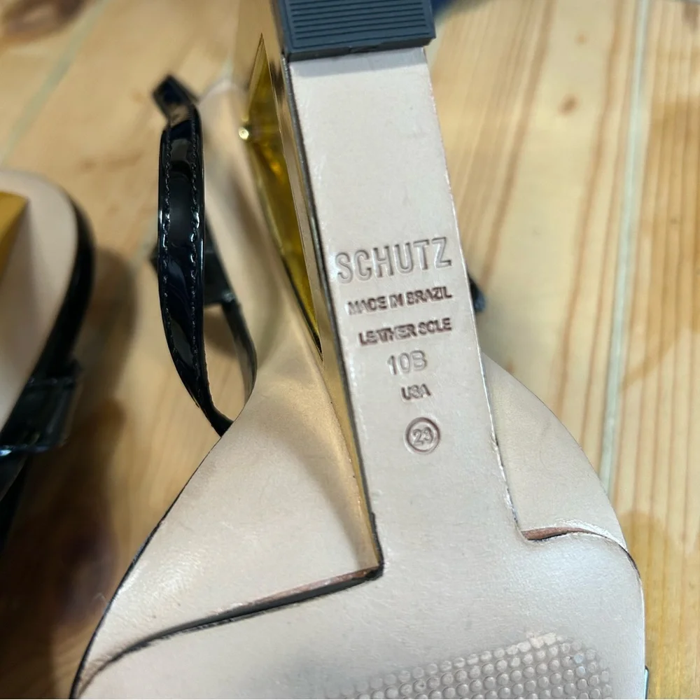 SCHUTZ Filipa Black Patent Leather Sculpted High Heel Sandals - Picture 12 of 13